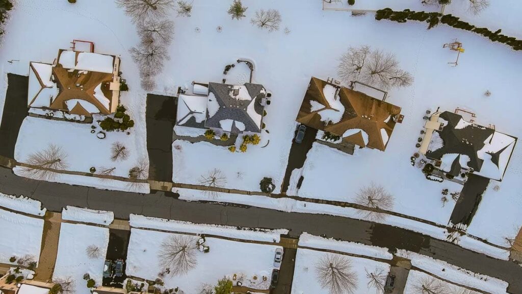 Rooftops from above with snow on them