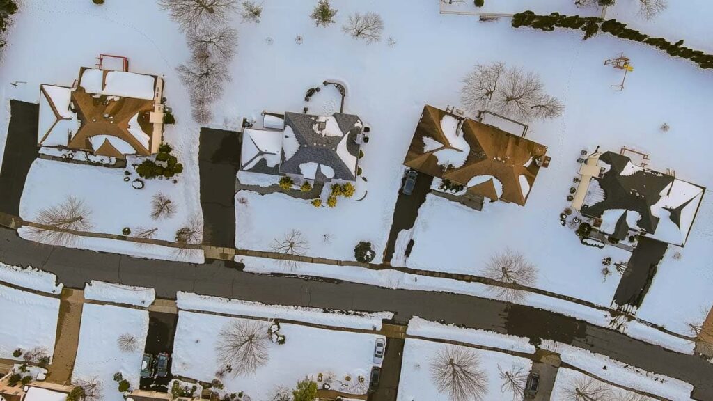 Rooftops from above with snow on them