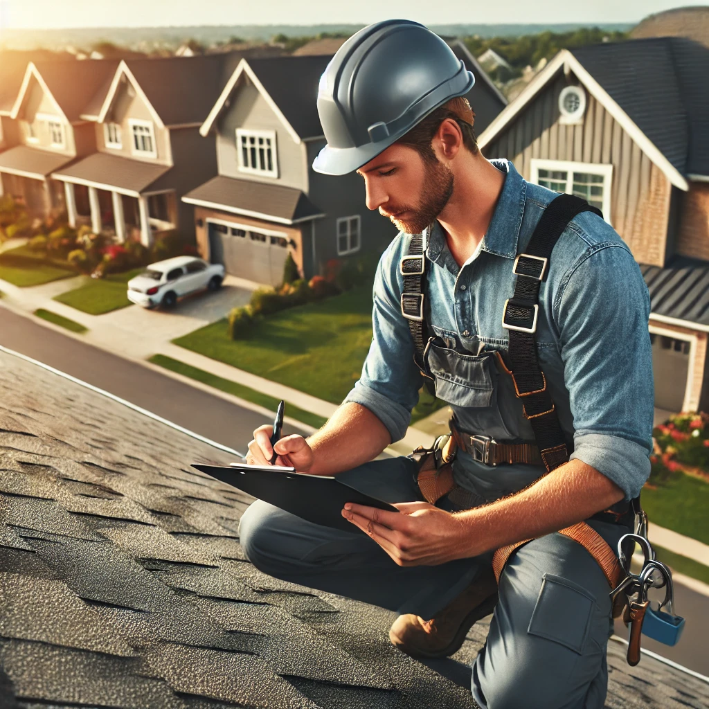 a man sitting on a roof writing on a clipboard
