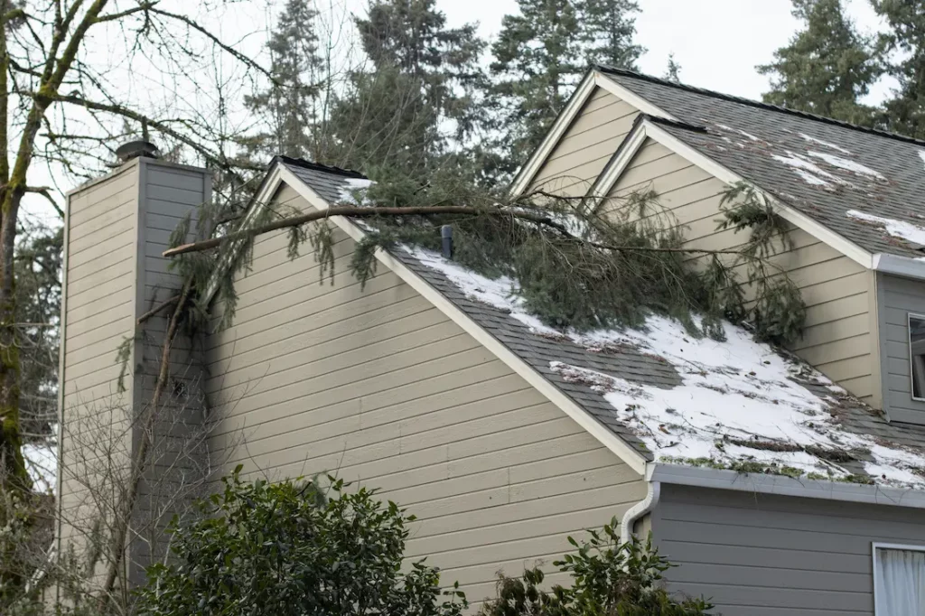 A wind and hail damaged roof